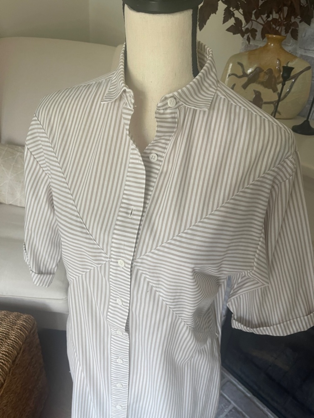 John Henry Tan & Cream Striped Shirt Dress short cuffed sleeves Pockets Size10P - Picture 3 of 14